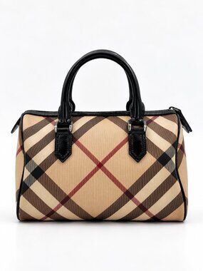 Burberry Nova Check Plaid Boston Bag Black Patent Leather Handbag